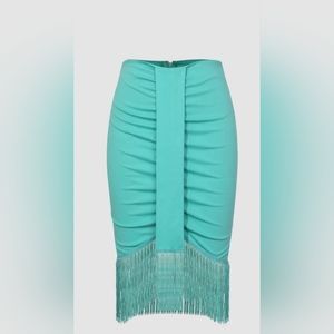 Turquoise fringe hem fitted midi skirt